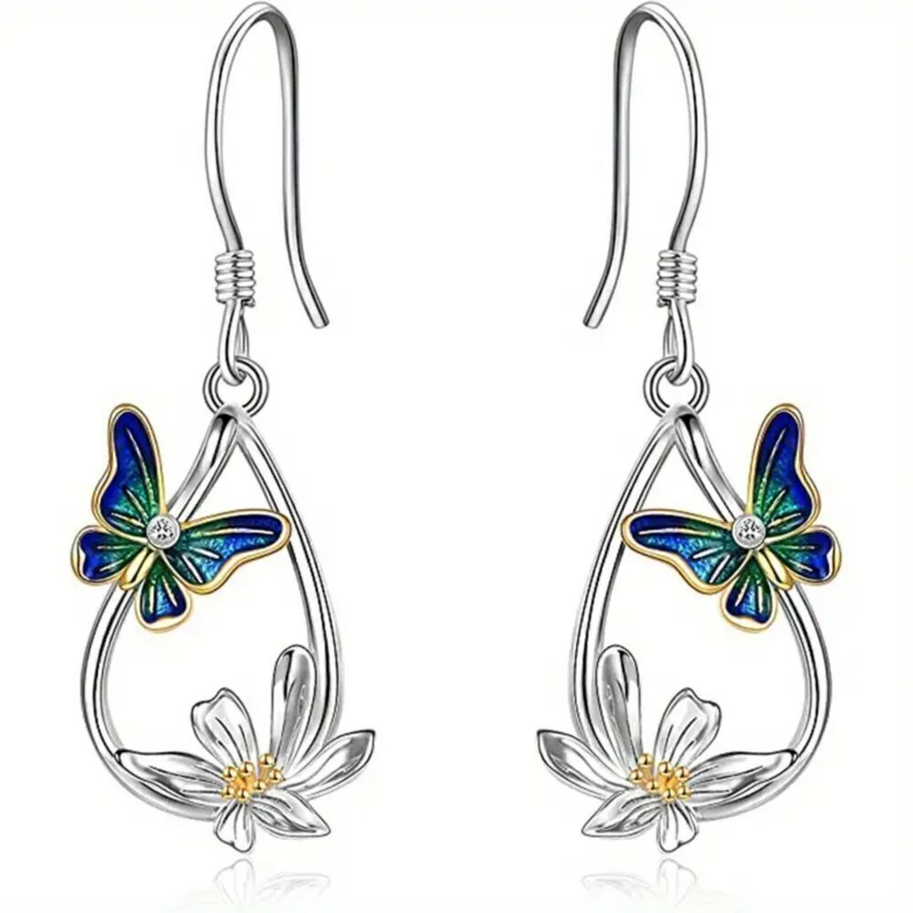 New - Teardrop Shape Butterfly and Flower Hook Dangle Earrings - Picture 1 of 8